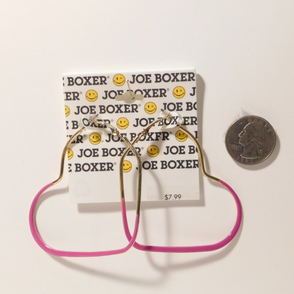 Joe Boxer Ladies Heart Hoop Earrings Pink Gold Tones Lever Fasteners
